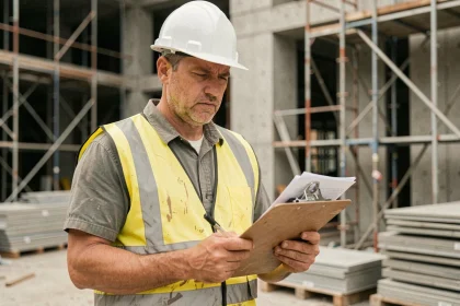 Ouvrier du bâtiment N4P2 en gilet de sécurité consultant des documents sur un chantier de construction