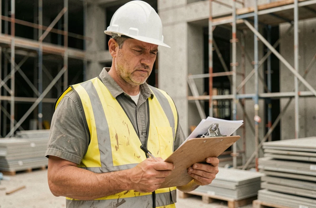 Ouvrier du bâtiment N4P2 en gilet de sécurité consultant des documents sur un chantier de construction