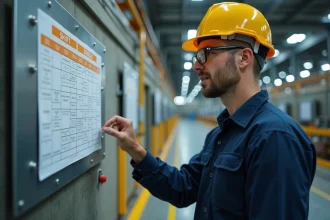 Ouvrier en usine consultant un planning de travail posté 5x8 affiché sur un panneau métallique dans une installation industrielle