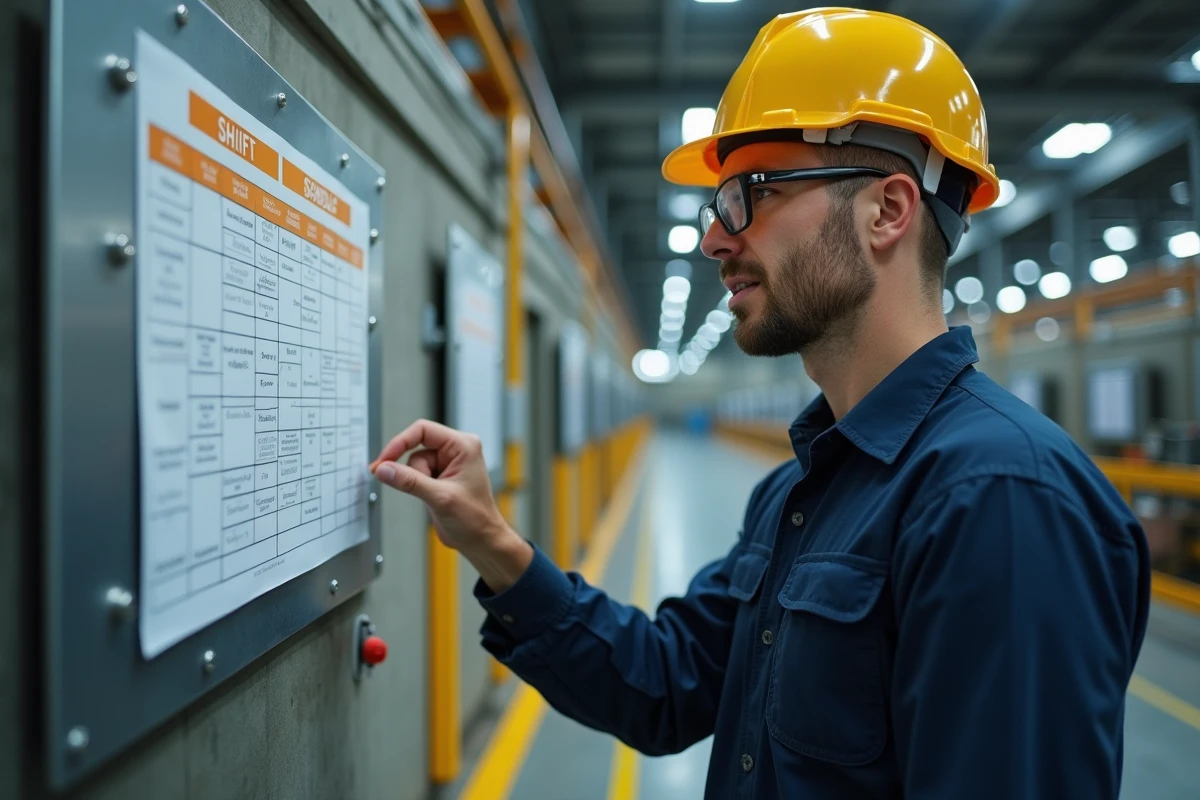 Ouvrier en usine consultant un planning de travail posté 5x8 affiché sur un panneau métallique dans une installation industrielle