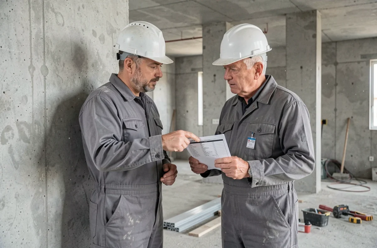 Deux ouvriers du bâtiment discutant d'une liste de contrôle N4P2 sur un chantier intérieur en construction