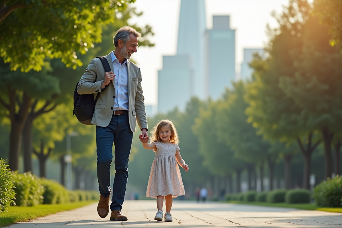 Père et fille souriants dans un parc urbain ensoleille