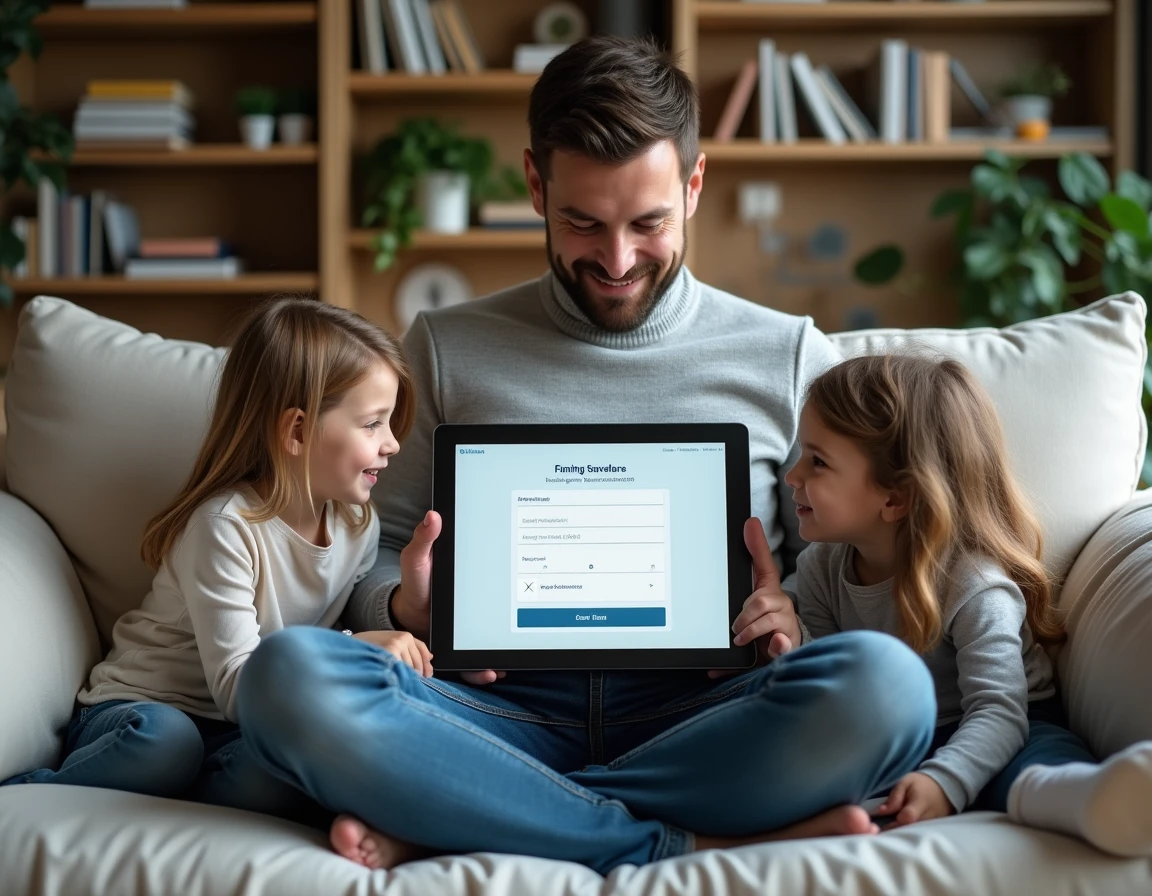 Père et ses deux enfants consultant ensemble un formulaire d'espace famille sur un portail CSE via une tablette dans le salon