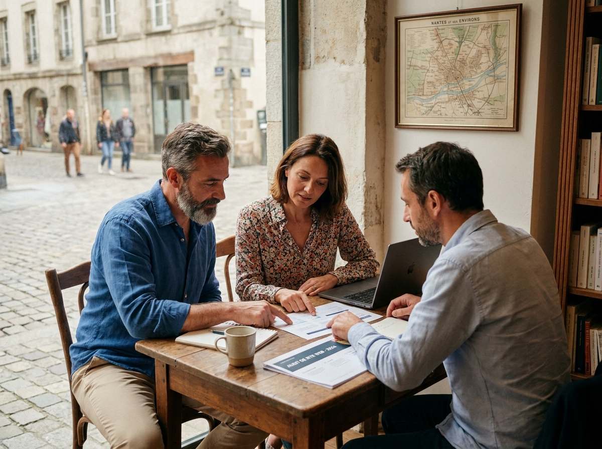 Propriétaires d'une petite entreprise nantaise en réunion avec un consultant web pour la création de leur site
