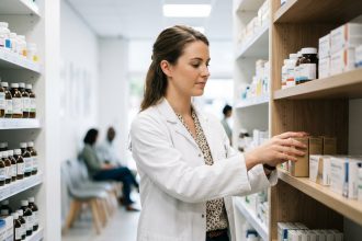 Pharmacienne en blanc arrangeant des médicaments en pharmacie