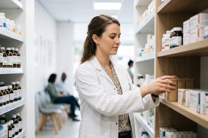 Pharmacienne en blanc arrangeant des médicaments en pharmacie