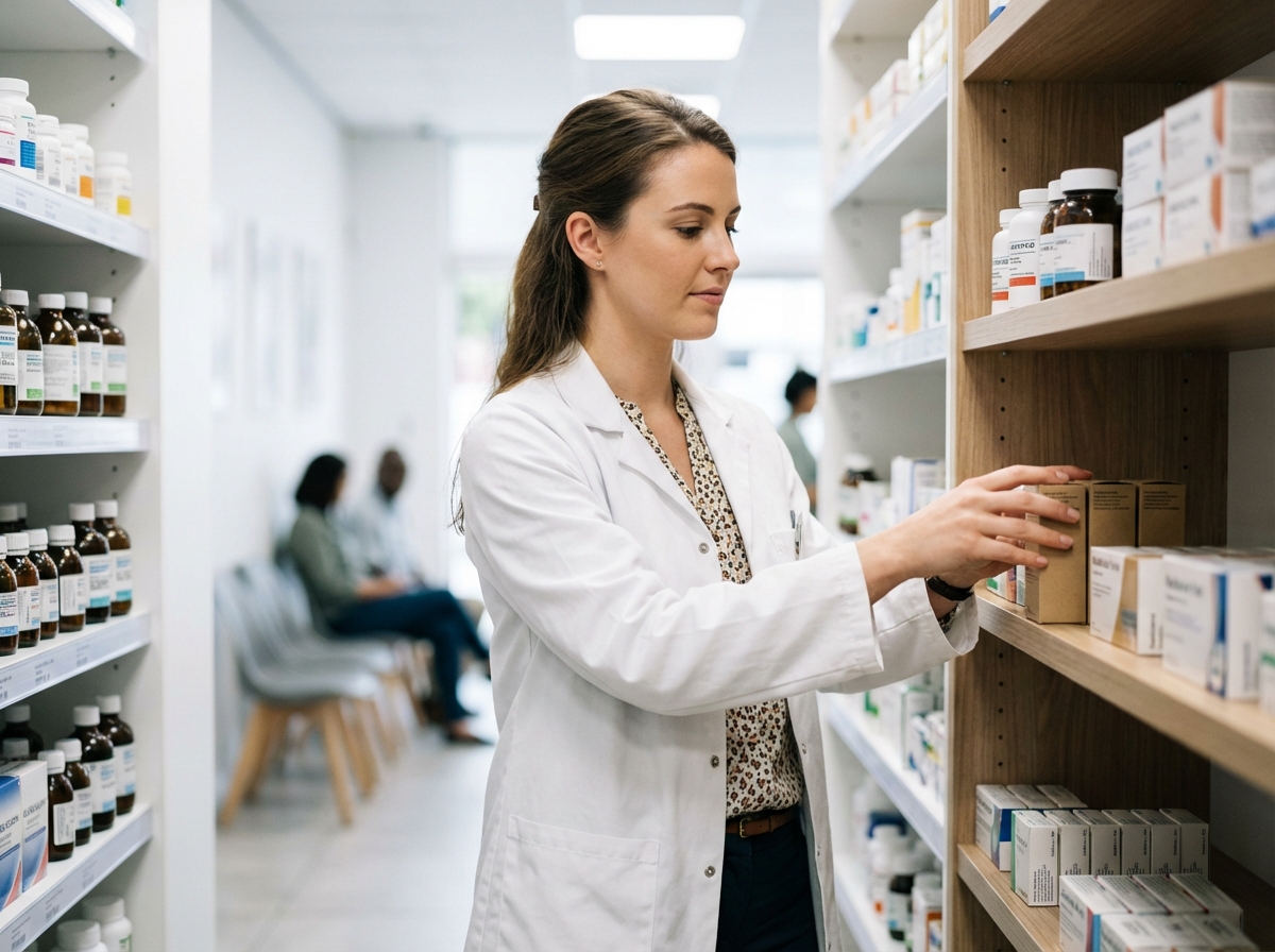 Pharmacienne en blanc arrangeant des médicaments en pharmacie