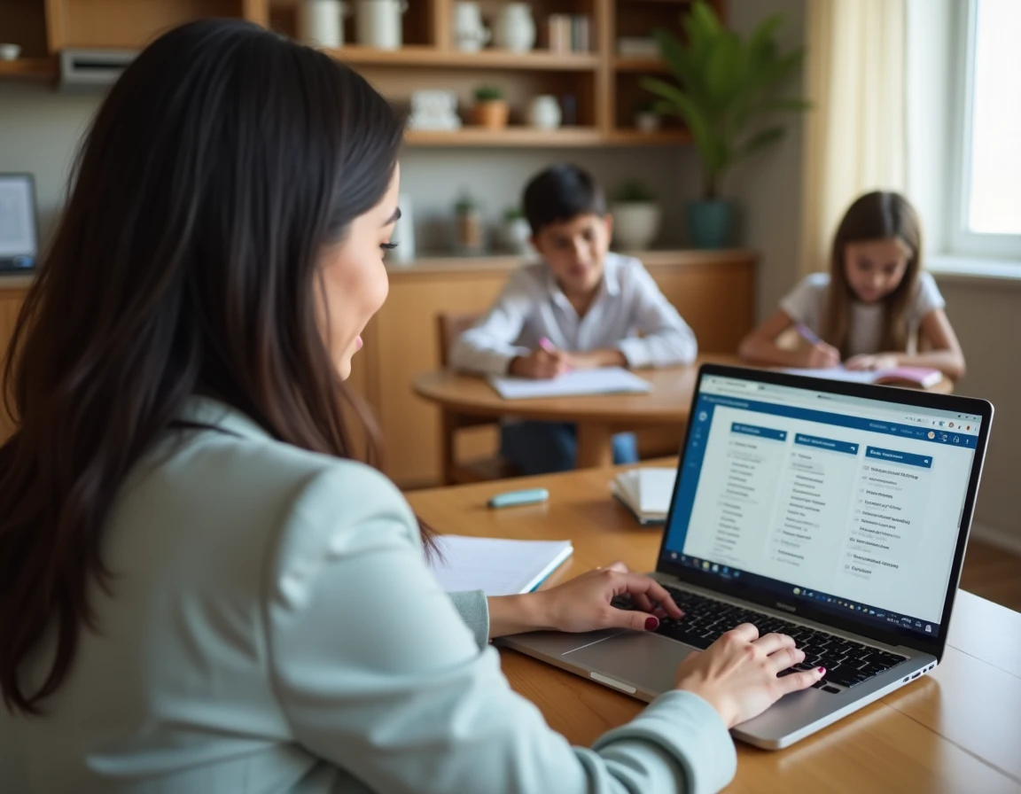 Mère de famille consultant un portail CSE sur ordinateur portable depuis son bureau à domicile avec ses enfants en arrière-plan