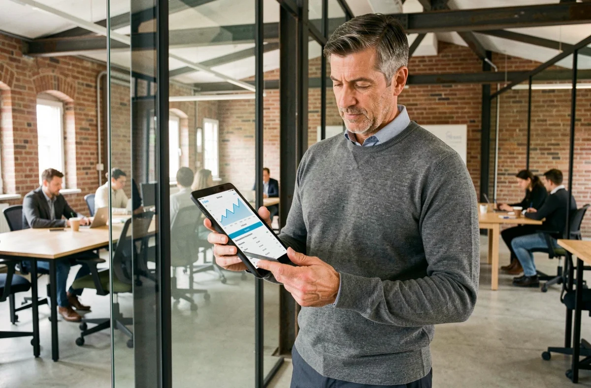 Professionnel en portage salarial consultant les frais de gestion sur une tablette dans un espace de coworking à Rouen