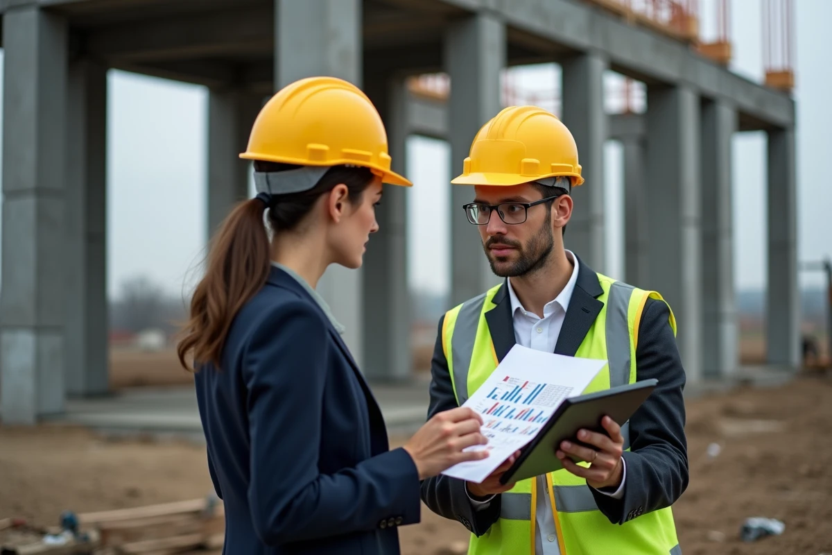 Professionnelle BTP sur chantier consultant des données réglementaires sur tablette avec un collègue en gilet haute visibilité