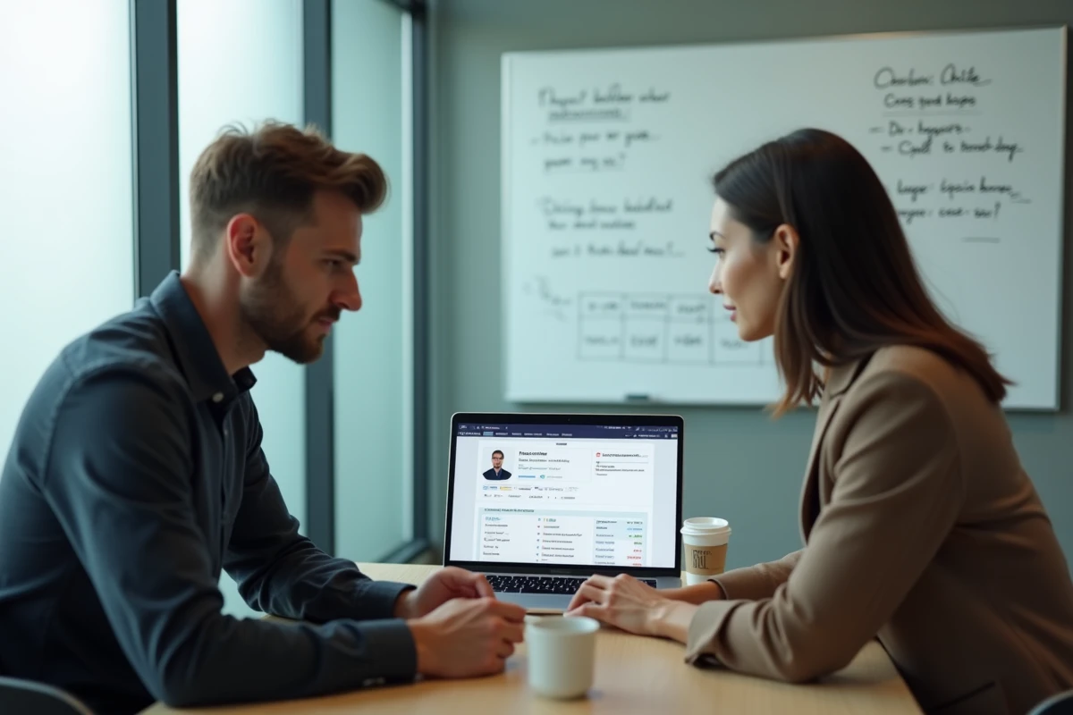 Deux professionnels analysant ensemble le profil et les informations légales d'une société sur un ordinateur portable