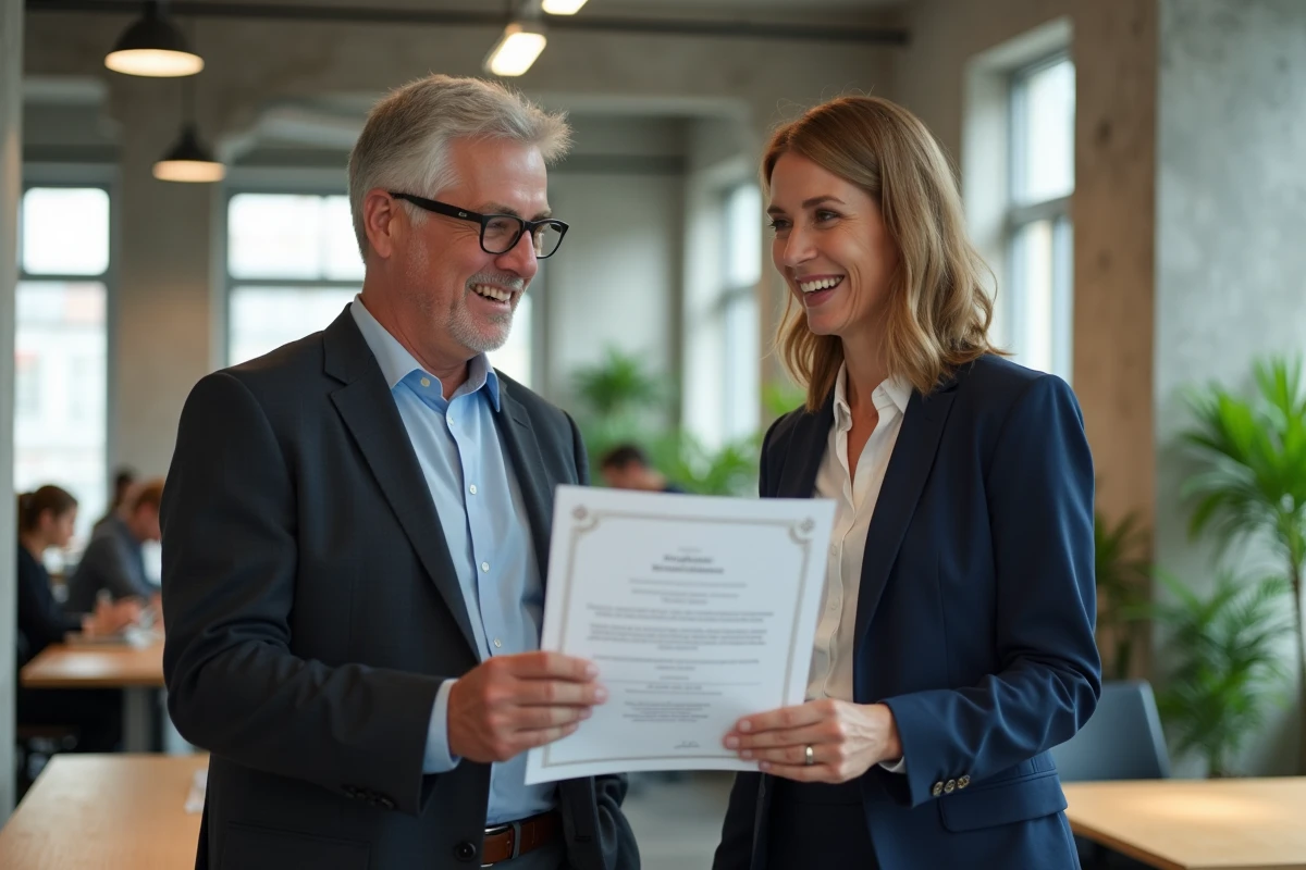 Deux professionnels examinant un certificat d'enregistrement de marque INPI dans un espace de coworking