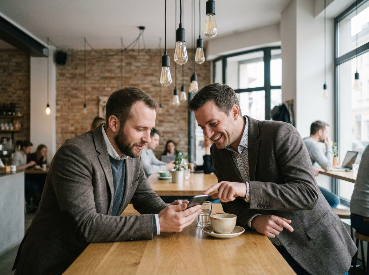 Deux hommes dans un café partageant une recommandation sur un téléphone, symbolisant le bouche-à-oreille digital entre clients