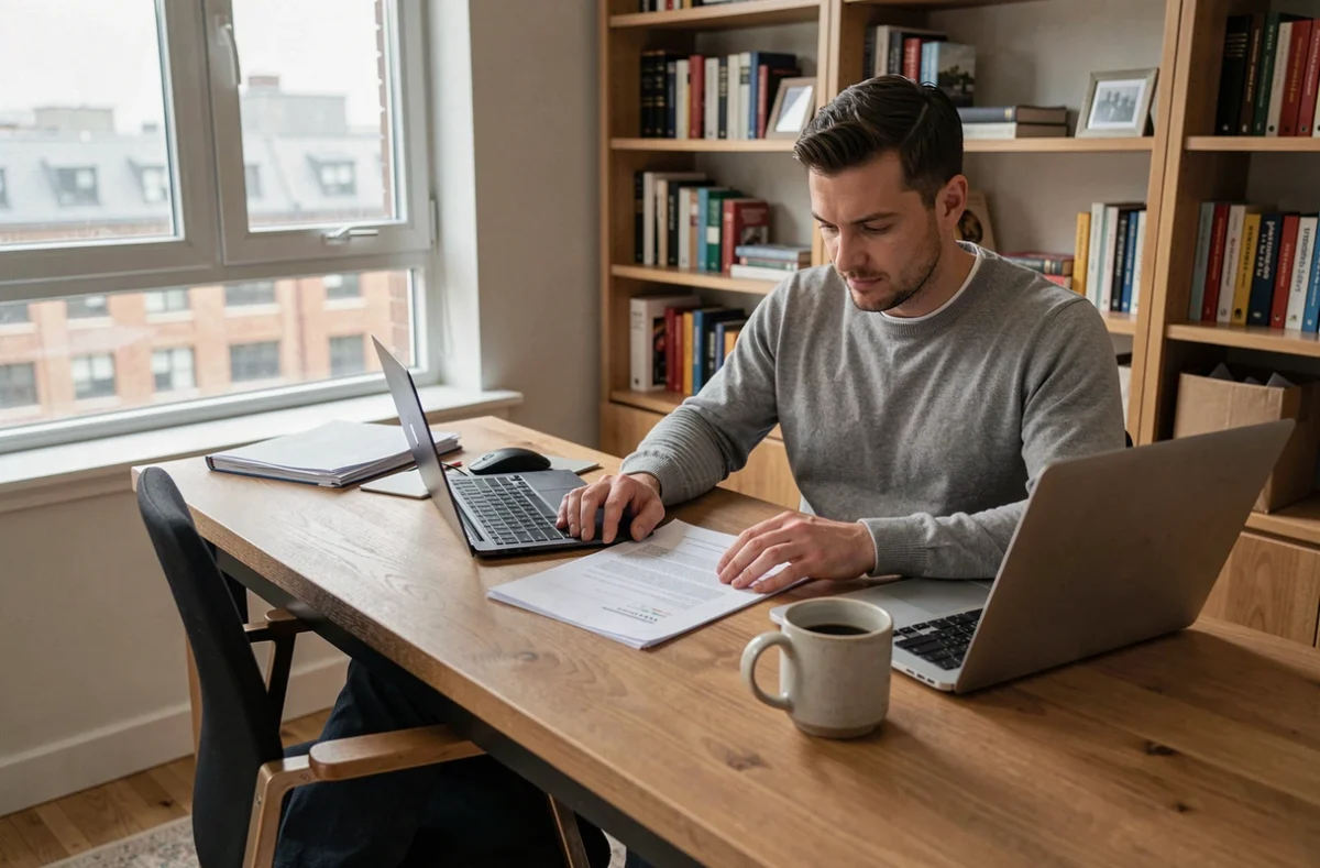 Homme en reconversion professionnelle consultant des documents sur l'ASP allocation de sécurisation professionnelle à domicile
