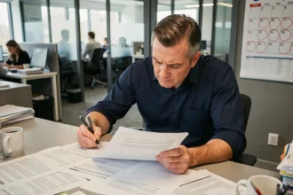 Cadre en entreprise analysant un contrat de travail avec calendrier annoté sur son bureau, thème renégociation forfait jours