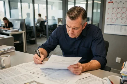 Cadre en entreprise analysant un contrat de travail avec calendrier annoté sur son bureau, thème renégociation forfait jours