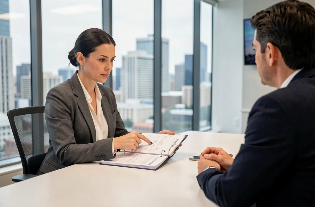 Salariée en réunion de renégociation de contrat avec un responsable RH dans une salle de conférence moderne