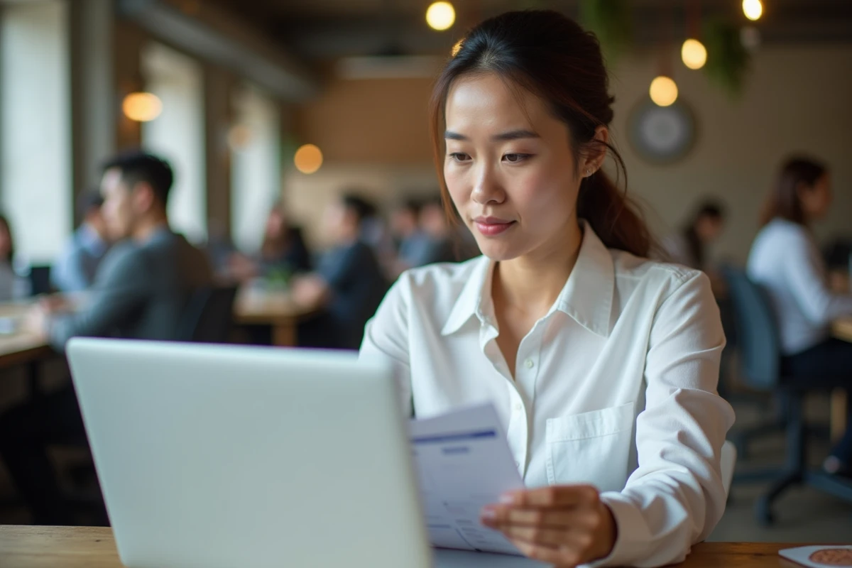 Femme entrepreneur consultant un calendrier de réservation en ligne dans un espace de co-working moderne pour éviter les erreurs de planification