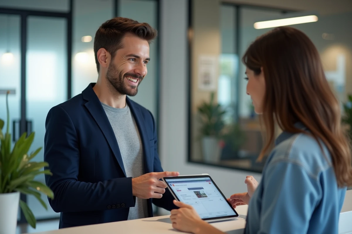 Entrepreneur masculin en train de vérifier une réservation de bureau avec la réception d'un espace de travail entrepreneurial pour éviter les erreurs administratives