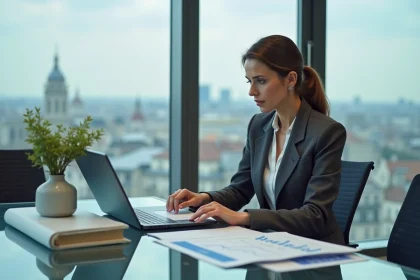 Responsable conformité RGPD analysant des documents réglementaires dans un bureau d'entreprise européen