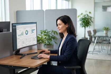 Responsable de formation consultant un logiciel de gestion certifié Qualiopi sur ordinateur dans un bureau moderne