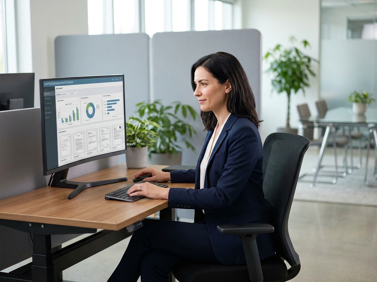 Responsable de formation consultant un logiciel de gestion certifié Qualiopi sur ordinateur dans un bureau moderne