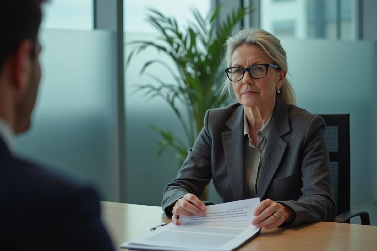 Responsable RH présentant un document officiel lors d'un entretien disciplinaire, symbolisant la procédure de faute lourde en entreprise