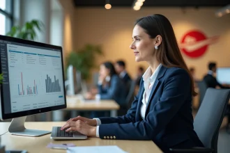 Responsable RH de La Poste utilisant un tableau de bord RH digital sur ordinateur portable dans un bureau administratif moderne