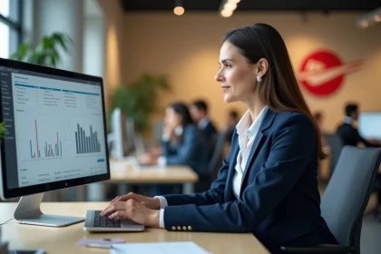 Responsable RH de La Poste utilisant un tableau de bord RH digital sur ordinateur portable dans un bureau administratif moderne