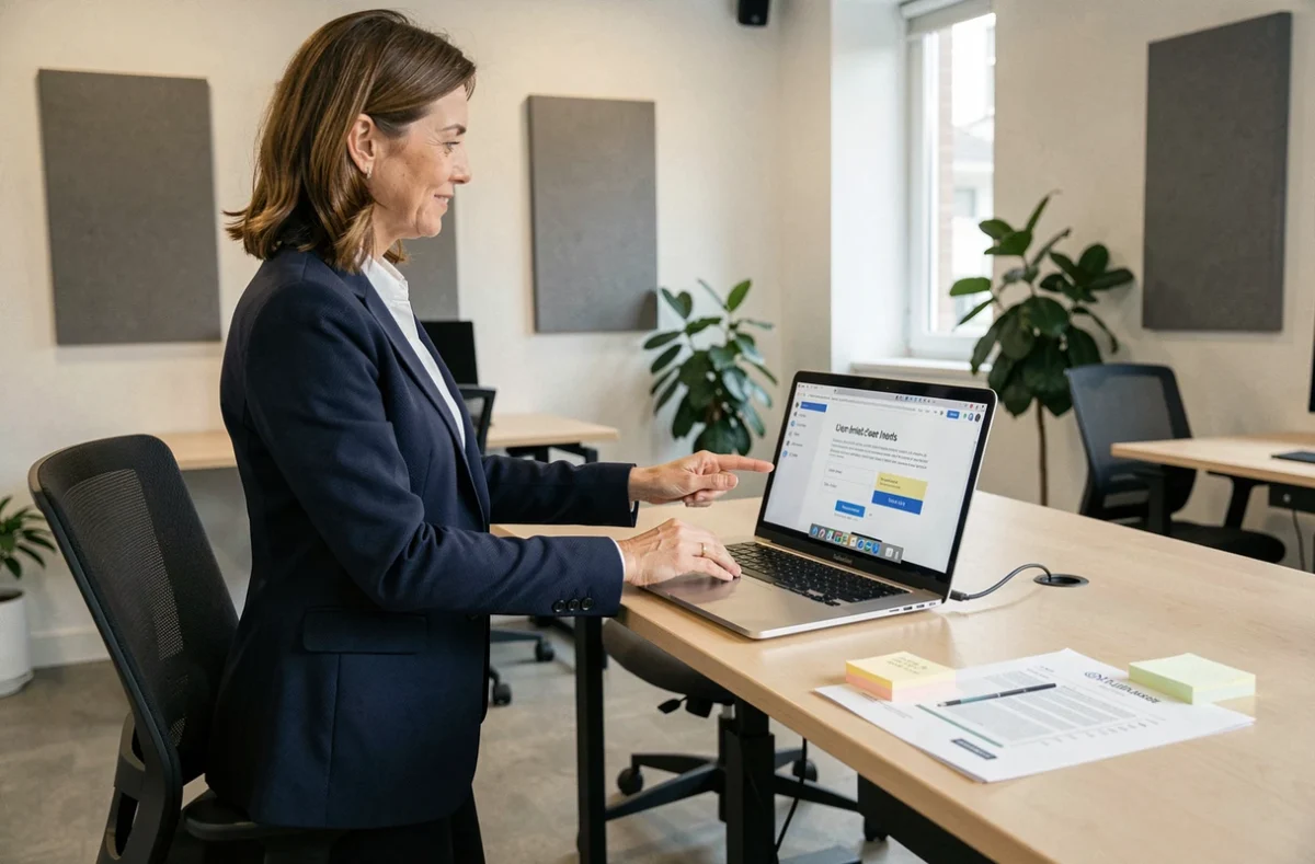 Responsable UX debout devant son poste de travail dans un coworking, présentant une page d'accueil SaaS optimisée pour les décideurs