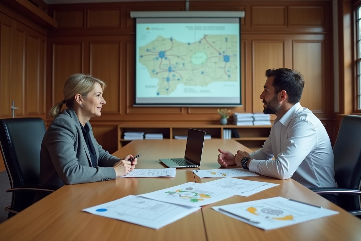 &Eacute;lus et responsables d'une collectivit&eacute; analysant un plan de d&eacute;ploiement r&eacute;seau tactique lors d'une r&eacute;union institutionnelle