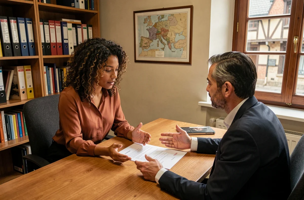 Réunion de conseil entre une salariée portée et son conseiller autour des frais d'un contrat de portage salarial à Rouen