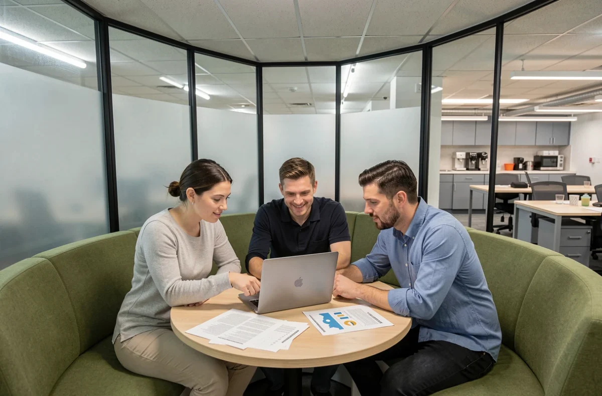 Groupe de professionnels en réunion dans un espace de coworking à Cenon autour d'une table collaborative