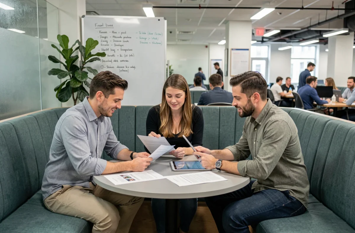 Équipe de professionnels en réunion collaborative dans une salle de coworking à Angers