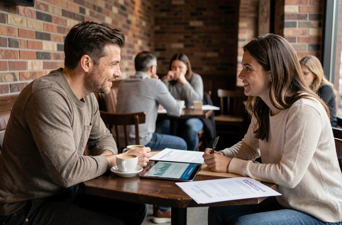 Deux professionnels en reconversion discutant d'un projet de création d'entreprise autour d'un café dans un cadre urbain