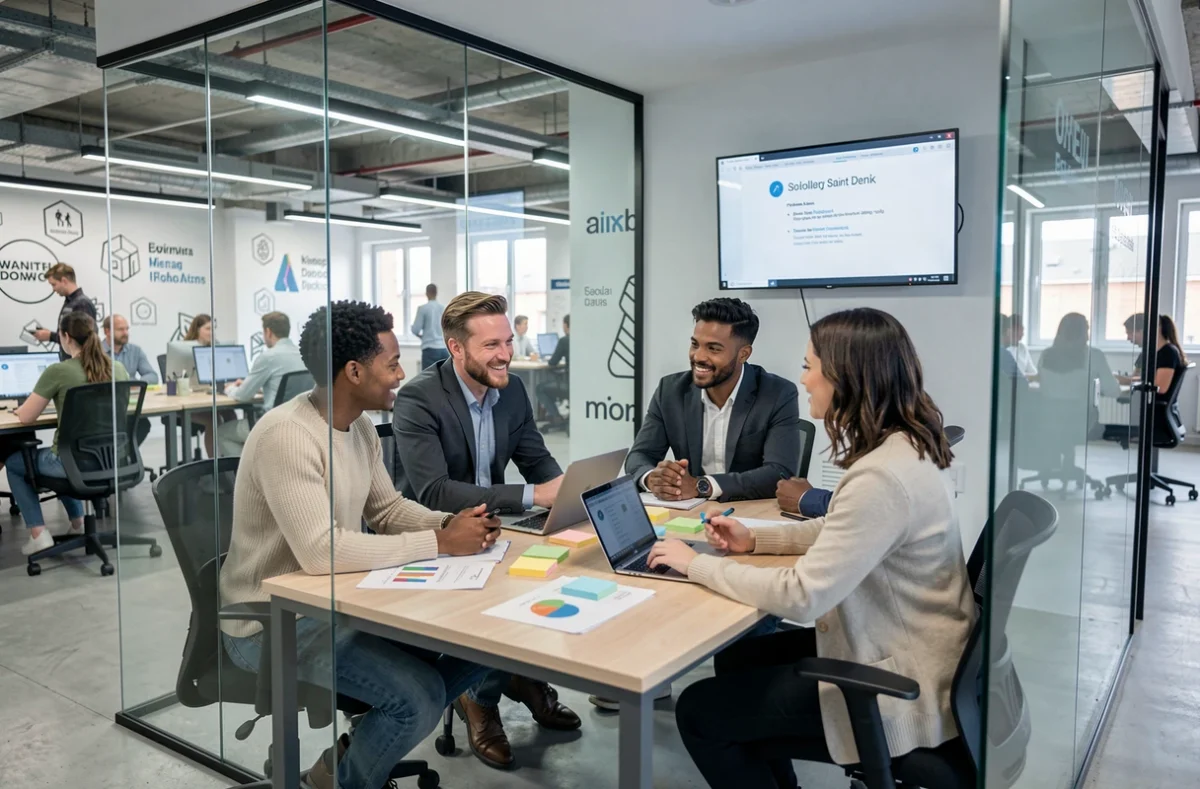 Réunion collaborative dans une salle vitrée d'un espace de coworking à Saint-Denis
