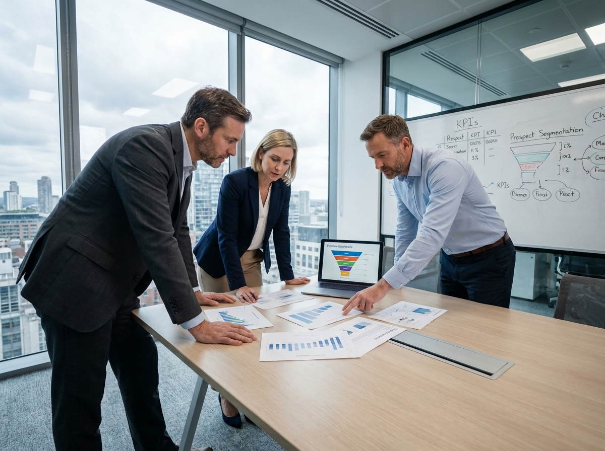 Réunion stratégique entre une équipe interne et des consultants d'une agence de prospection B2B autour d'un plan de développement commercial