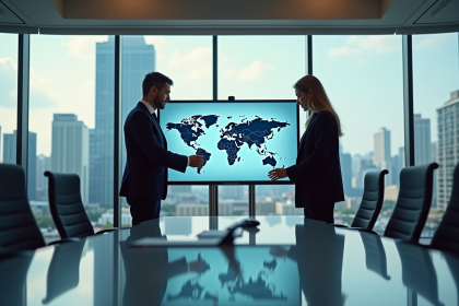 Deux professionnels regardant une carte du monde en réunion