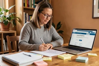 Salariée en reconversion professionnelle travaillant sur son projet de création d'entreprise à domicile avec cahier et ordinateur
