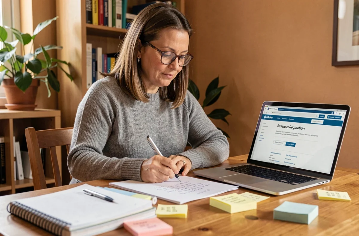 Salariée en reconversion professionnelle travaillant sur son projet de création d'entreprise à domicile avec cahier et ordinateur