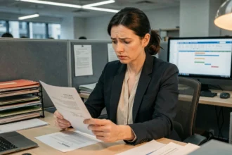 Femme salariée à temps partiel examinant son contrat de travail dans un bureau moderne, illustration des droits liés aux horaires atypiques