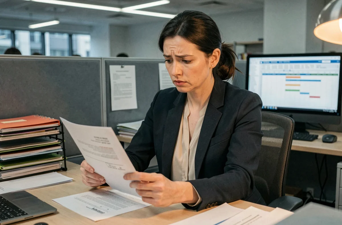 Femme salariée à temps partiel examinant son contrat de travail dans un bureau moderne, illustration des droits liés aux horaires atypiques
