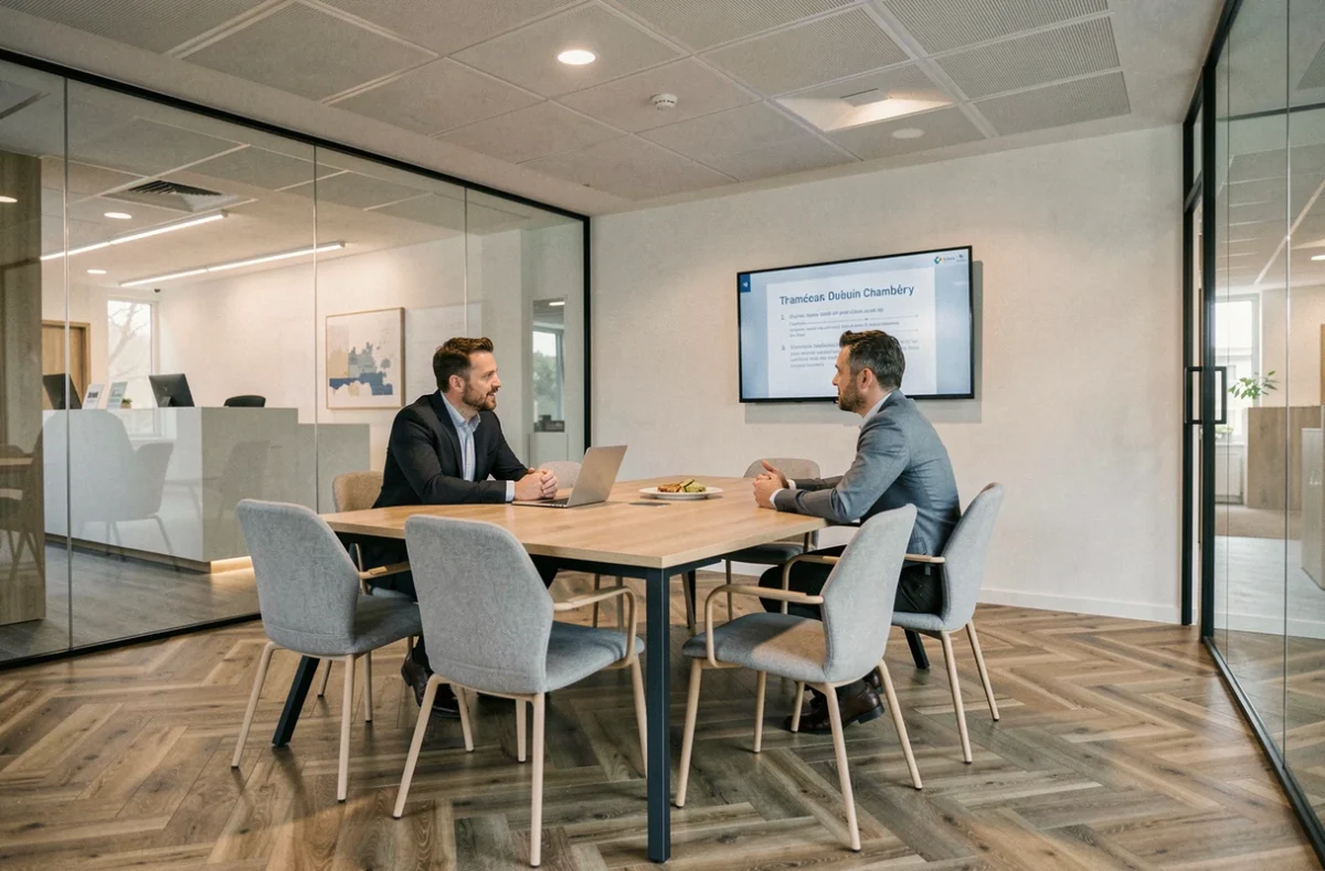 Salle de réunion professionnelle dans un centre d'affaires à Chambéry, deux hommes en réunion de travail autour d'une table moderne