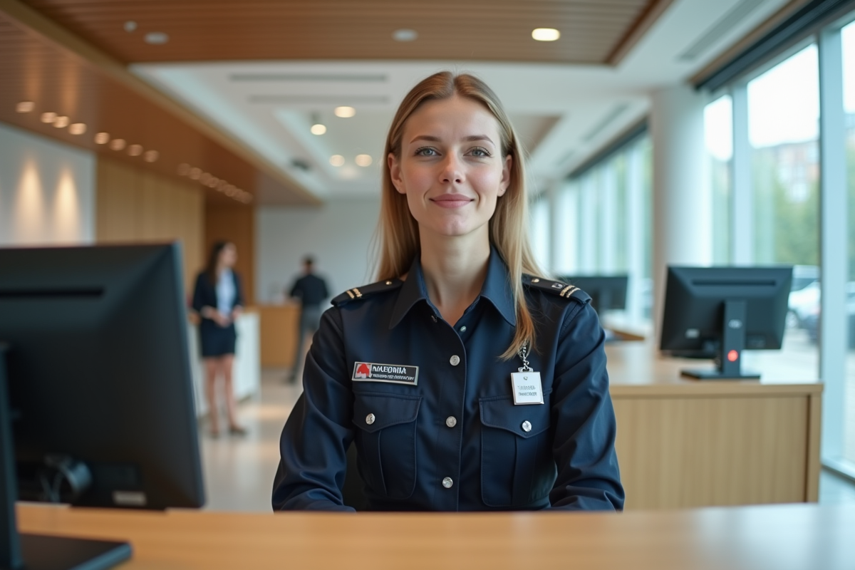 Agent de sécurité féminin à la réception d’un bureau