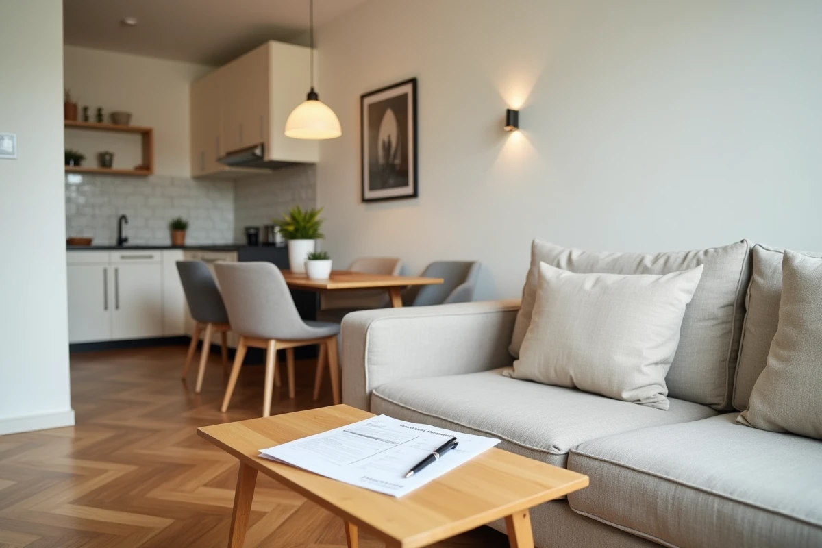 Studio meublé vide évalué pour un investissement locatif avec rapport de rendement posé sur la table basse