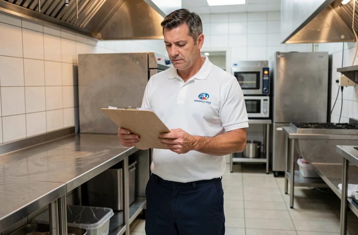 Superviseur d'entreprise de nettoyage inspectant une liste de contrôle dans une cuisine commerciale