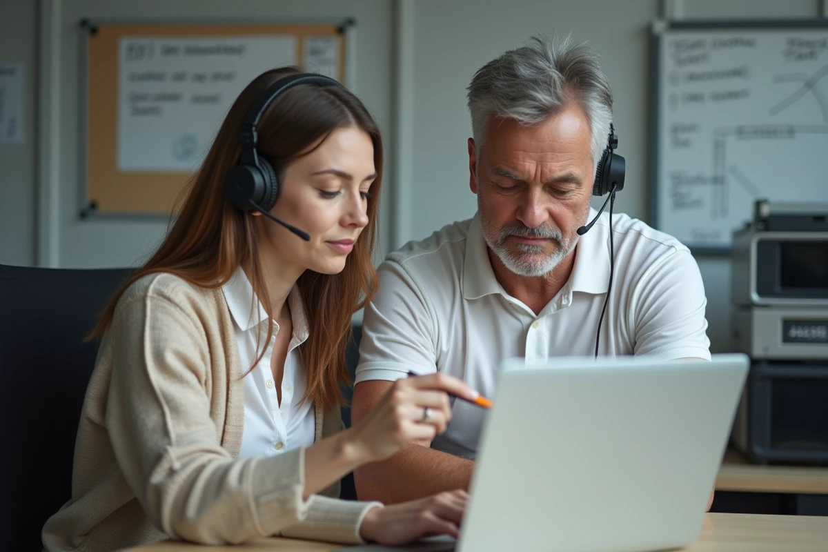 Technicien informatique et courtière en assurance résolvant ensemble un problème de connexion à l'extranet AXA Courtage
