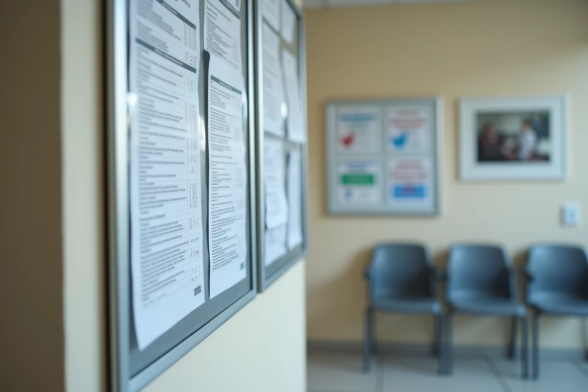 Tableau d'affichage avec horaires et contacts du SGC Calais dans une salle d'attente administrative