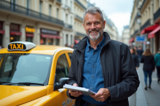 Conducteur de taxi parisien avec taxi jaune sur rue animée
