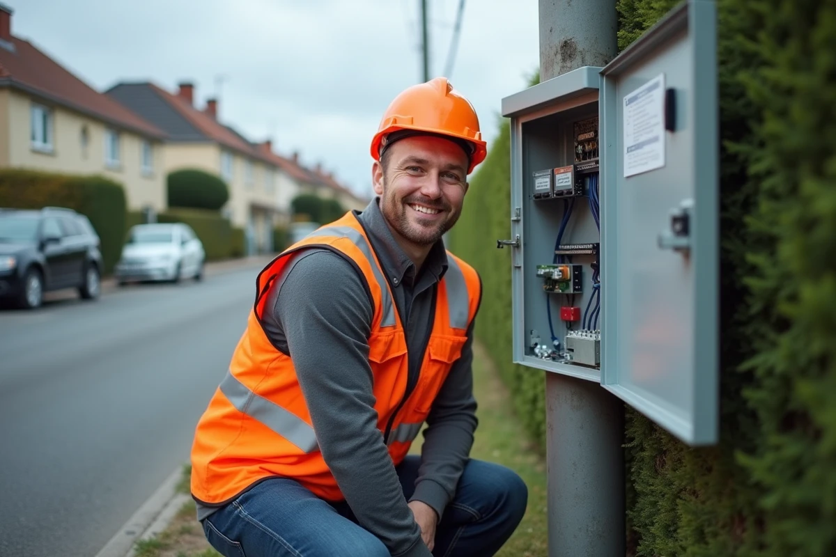 Technicien terrain intervenant sur une armoire de t&eacute;l&eacute;communication en zone p&eacute;riurbaine pour une collectivit&eacute; locale
